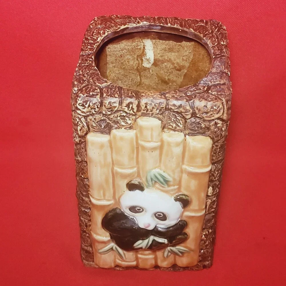 Vintage Panda Bamboo Ceramic Pottery Planter Large Vase